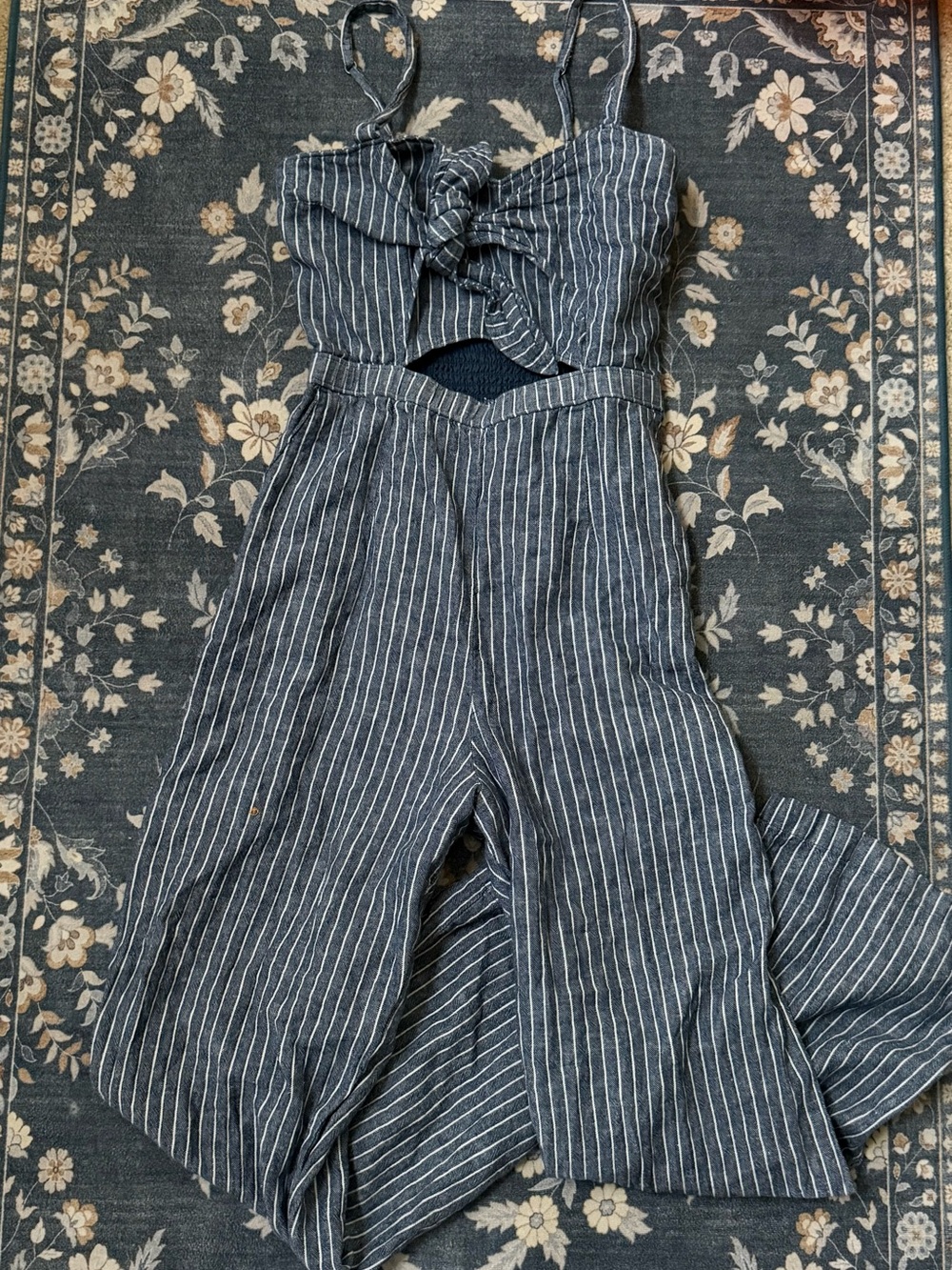 Abercrombie & Fitch Blue White Striped Bow  Western Boho Linen Jumpsuit Size S